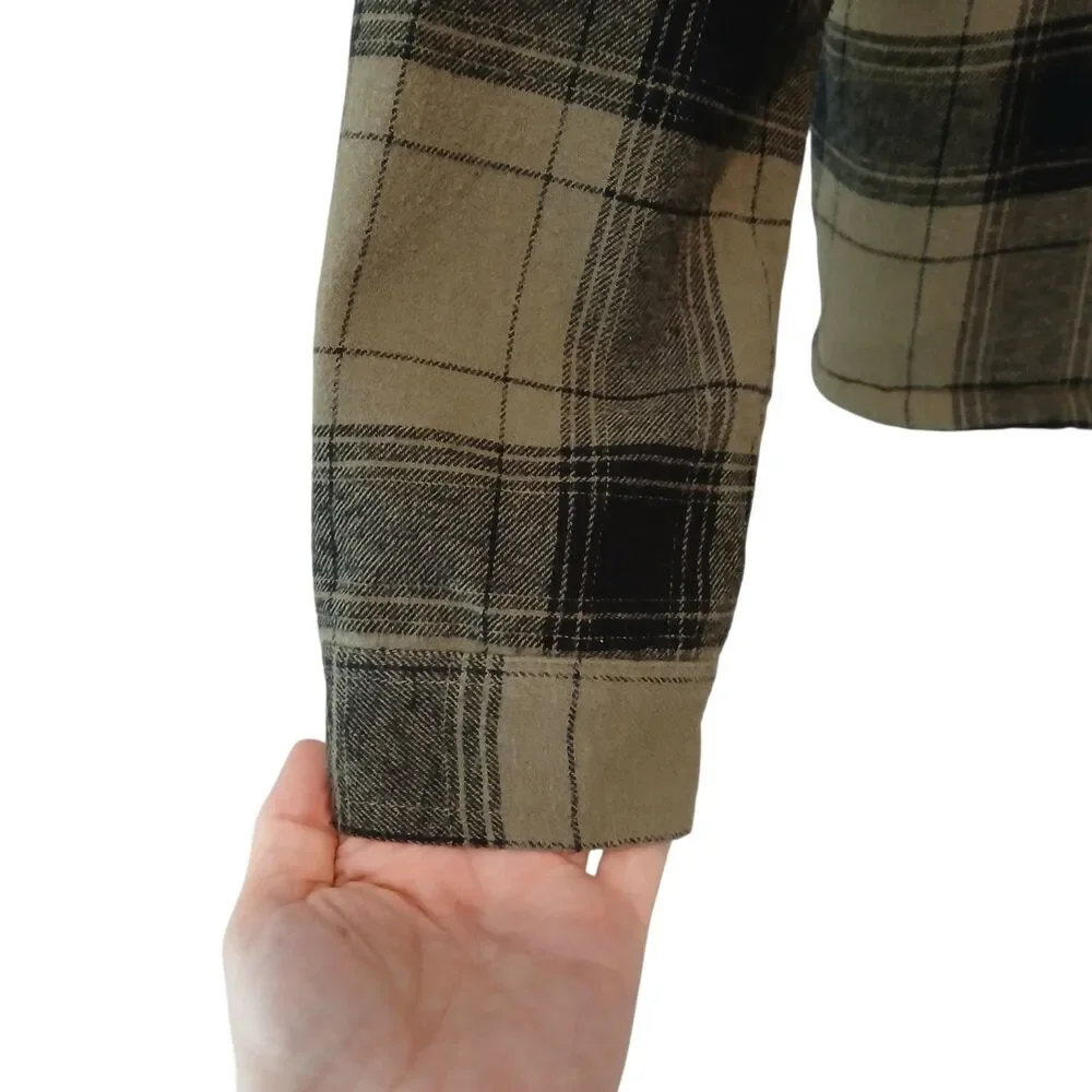 Lucky Brand Plaid Flannel Sherpa Jacket Shacket Womens Small Lined Green Camp - Picture 3 of 12